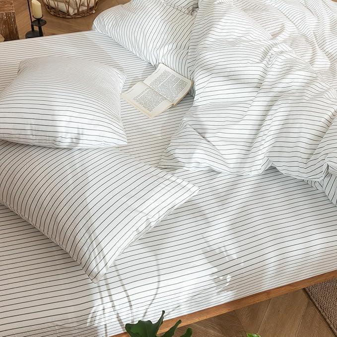MooMee Striped Duvet Cover Set 100% Washed Cotton Linen Like Textured Breathable Durable Soft Comfy (White Heathered Green Wide Stripes, Full 80"x90")