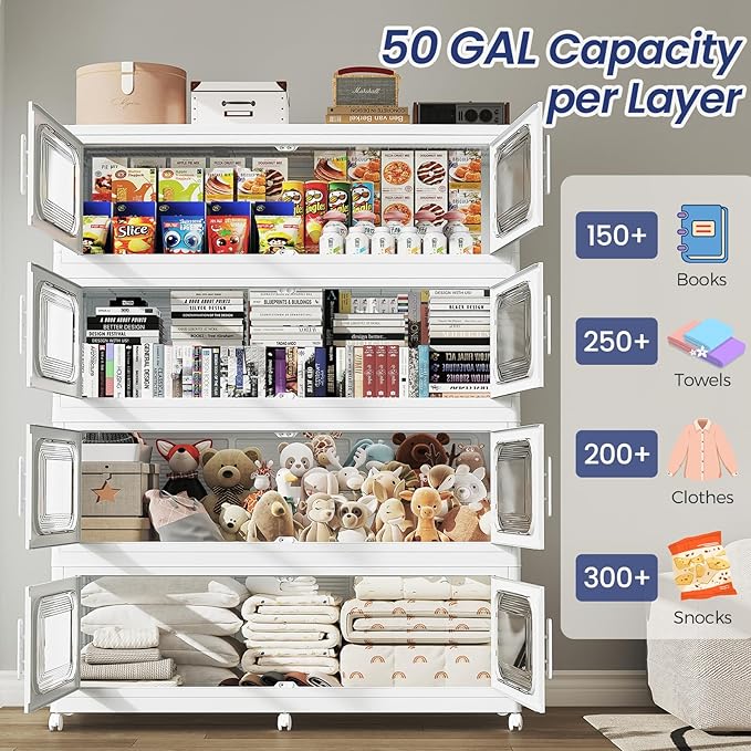 250 Gallon Extra Large Storage Bin with Lid and Wheels, Stackable Collapsible Plastic Storage Box with Door, Foldable Organizer for Closet, Kitchen, Office, Living Room, 5 Pack White
