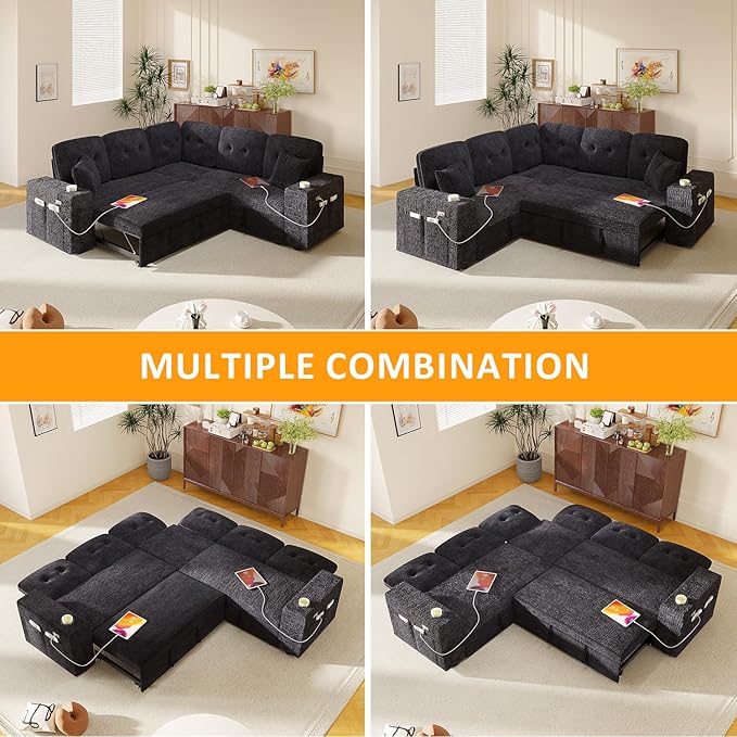 Modular Sectional Sleeper Sofa with Pull Out Bed, L Shaped 5 Seat Sectional Couches for Living Room, 84 Inch Sofa Bed with Adjustable Backrest | Hidden Storage | Wide Armrest | Navy Blue