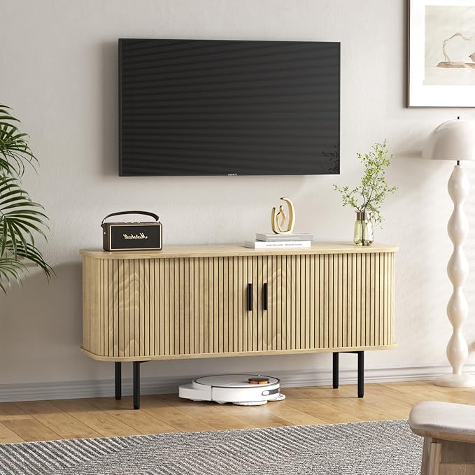 47''W Natural Storage Cabinet, Media Console, Tambour TV Stand; Sliding Door, Fluted Cabinet, Buffet Sideboard, Credenza, Table Stand for Living Room, Kitchen