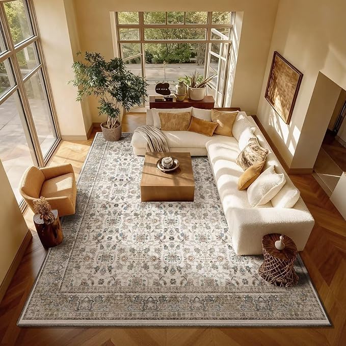 Washable 8x10 Area Rugs for Living Room, Boho Non-Slip Vintage Distress Large Rugs for Bedroom Dining Room Nursery Office, 0.3" Neutral Oriental Throw Thin Carpet, Cream/Blue/Orange/Multi