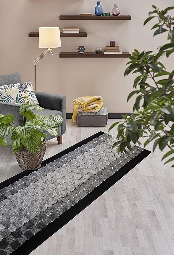 10 ft Long Non-Slip Washable Carpet Runner Rug with Rubber Backing, Custom Floor Mat for Kitchen Hallway Stairs Bedroom Bathroom Entryway, Checkered Black - Grey, Your Choice of Length, (26" X 10')