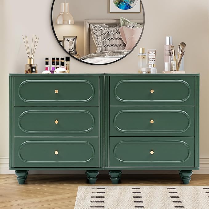 3 Drawer Fluted Dresser for Bedroom, Mid Century Modern Chest of Drawers, Wood Storage Small Dresser Organizer for Bedroom Living Room Hallway Closet, Green