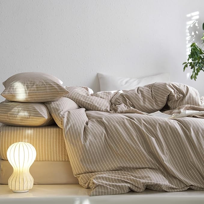 MooMee Striped Duvet Cover Set 100% Washed Cotton Linen Like Textured Breathable Durable Soft Comfy (Tannish Linen Grey White Wide Stripes, Queen 90"x90")