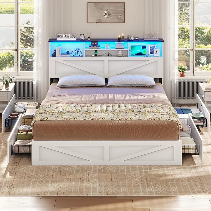 VIAGDO Farmhouse Bed Frame King Size with Bookcase Storage Headboard, Charging Station and LED Lights, Wooden King Bed Frame with 4 Drawers, Barn Door Design, No Box Spring Needed, No Noise, White