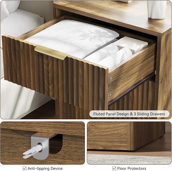 8 Drawer Dresser & 3 Drawer Nightstand Set 3-Piece, Tall Fluted Dresser and Night Stand Set of 2 with Metal Handle, Modern Wood Chest of Drawers Storage Dressers Set for Bedroom, Walnut