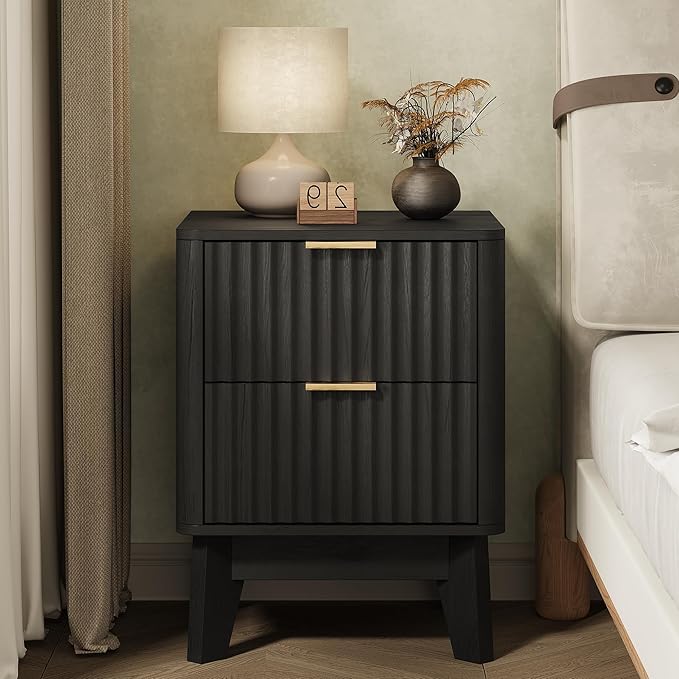 Fluted Nightstand,Modern End Table with Metal Handle,2 Storage Drawers Side Table,Bedside Table for Bedroom,Wood Nightstands,Curved Profile Design Furnitue,Black