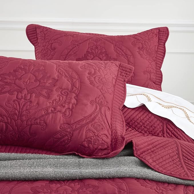 CHIXIN Microfiber Standard Pillow Shams Set of 2 - Quilted Decorative Pillow Covers - Wine Red - Size (20" x 26")