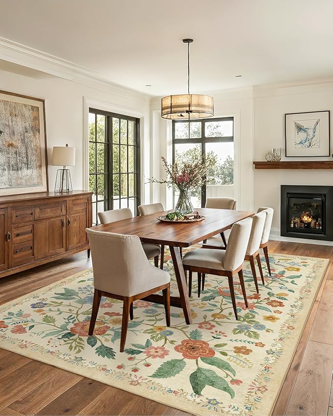Amada 5x7 Area Rugs, Non-Slip & Low-Profile Living Room Rug with Reinforced Edge Binding, Soft Large Washable Boho Floral Rugs for Living Room, Bedroom, Dining Room