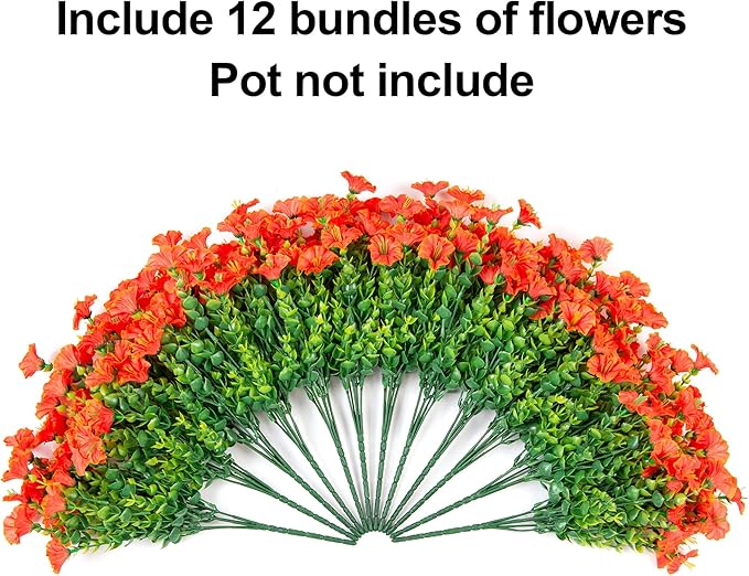 Artificial Flowers Fake Plants for Outdoors Decoration, 12 Bundles Orange Silk Morning Glory with Eucalyptus Realistic UV Resistant Faux Flowers Greenery for Outside Planter Yard Garden Home Indoor
