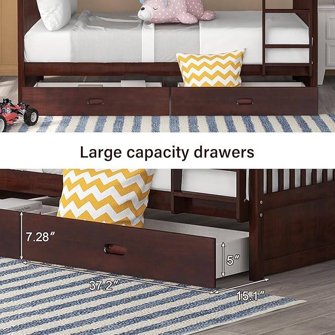 Merax Wood Bunk Bed with Drawers,Convertible Wood Bunk Bed with Ladders and Two Storage Drawers,Solid Wood Detachable Bed Frame with Ladders,Twin Over Twin Size,Espresso