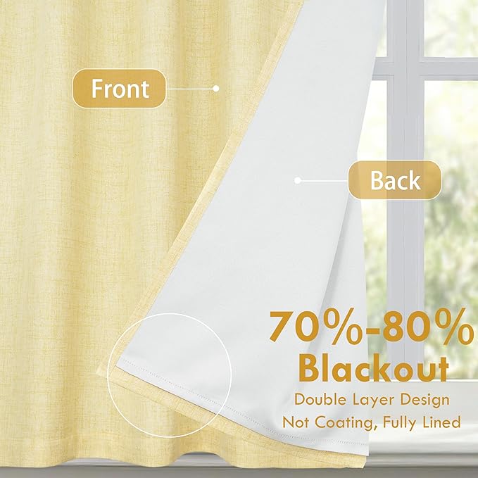 DriftAway Double Layer Linen Blackout Tie Up Curtains Thermal Insulated Fully Lined Balloon Roman Shade Bathroom Window Adjustable Rod Pocket for Small Window 25 Inch by 47 Inch Yellow