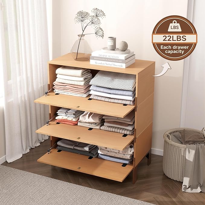 Stackable 3 Drawers Dresser, Customizable Chest of Drawers for Bedroom, Living Room, Closet, Easy Assembly Wood Furnitures Cabinet, 30 inch Width Beech and Basswood Color Combo