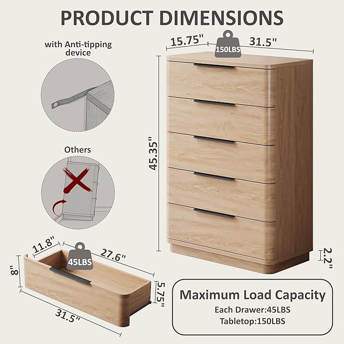 5 Drawer Dresser for Bedroom, 45" Tall Modern Chest of Drawers with Metal Handle, Curved Profile Design, Wooden Closet with Large Drawers Dressers Organizer for Entryway Hallway