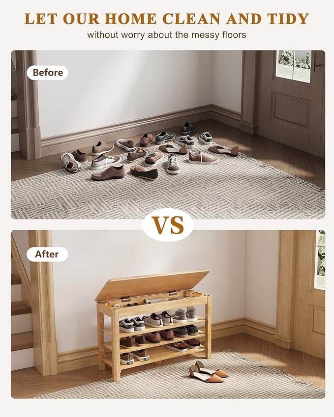 Shoe Rack Bench Seat Rubberwood 3-Tier Wooden Storage Bench 550lbs Compact Mid-Century Modern Design for Entryway, Hallway, Closet, Front Door Entrance, Foyer