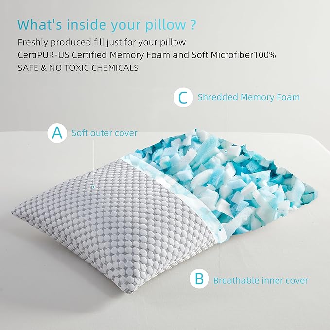 SAPHREAS Cooling Bed Pillows Standard for Sleeping, Luxury Hotel Shredded Memory Foam Pillows for Side Back Stomach Sleepers, Cool Firm Pillow for Neck Support