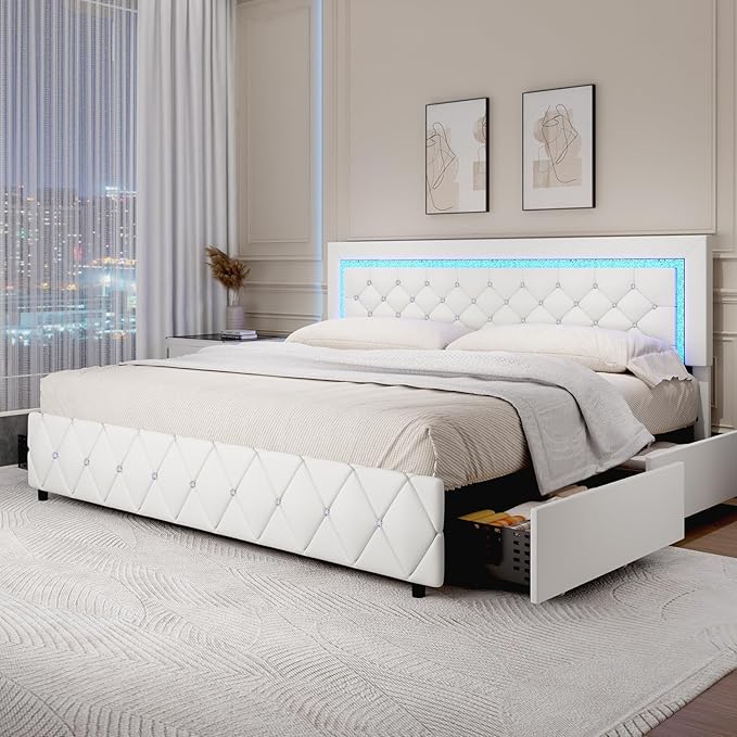 BarnFurin King Size Bed Frame with LED Lights and Storage Drawers, Upholstered Platform Bed with Diamond Tufted Headboard, Wooden Slats Support, No Box Spring Needed, Easy Assembly, White