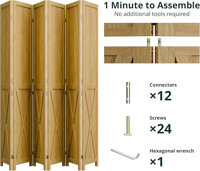Cozy Castle Wood Room Divider, 6 Panels Folding Privacy Screen, 66.9'' Wall Divider, Barnwood Room Separator, Freestanding Partition, Temporary Wall for for Home Office Restaurant Decorative, Natural