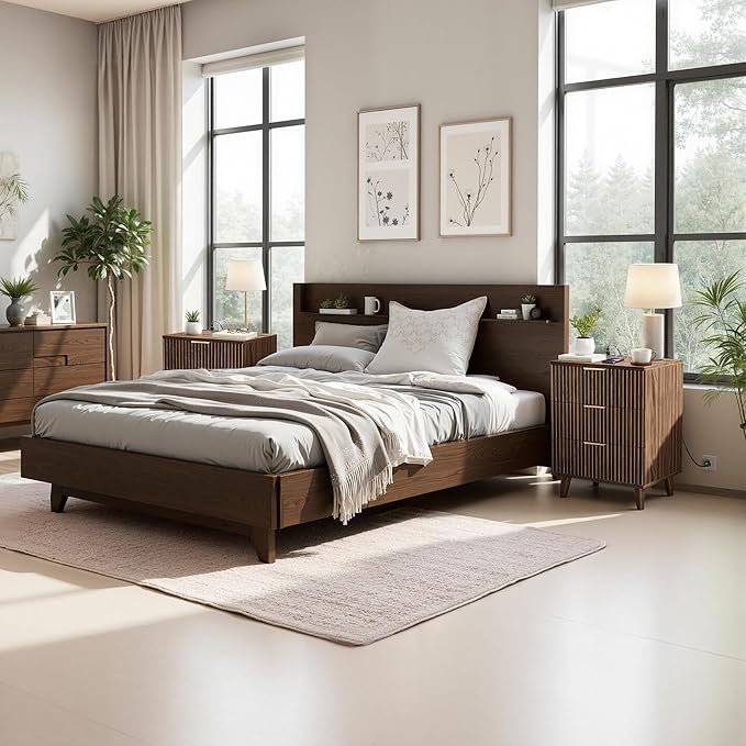 Fluted Nightstand with USB Charging Station, 3-Drawer Dresser Bedside Table with Soft Close Drawers & Large Storage, Modern Wood End Table for Bedroom
