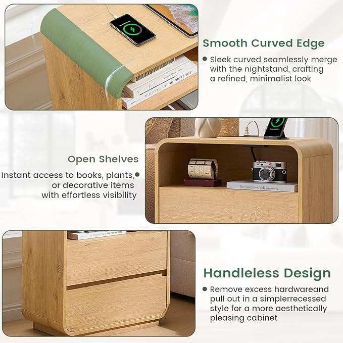 Curved Night Stand Set of 2, 23.2" Large Wood Farmhouse Nightstand with Charging Station & 2 Storage Drawers Bedside Table, Modern End Table for Bedroom, Living Room, Natural