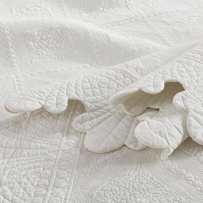 MarCielo 3-Piece 100% Cotton Oversized Bedspread Lightweight Quilt Coverlet Embroidery Farmhouse Bedding Set (TK White, Oversized King (118"x106"))