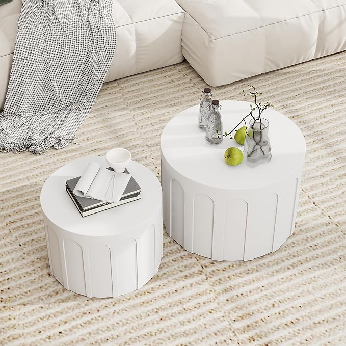 Nesting Coffee Table Set of 2, Modern Coffee Tables, Space-Saving Round Circle Coffee Tables, Side End Table for Living Room, Bedroom, Balcony, Office, White