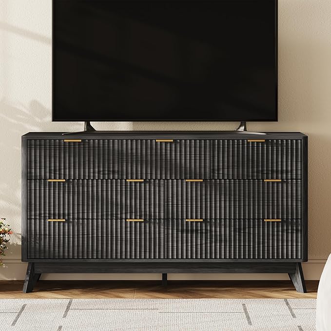 54'' Wide 7 Drawers Dresser for Bedroom,Modern Fluted Vertical Chest with Rounded Corners,Fluted Dresser for Living Room,Hallway, Black