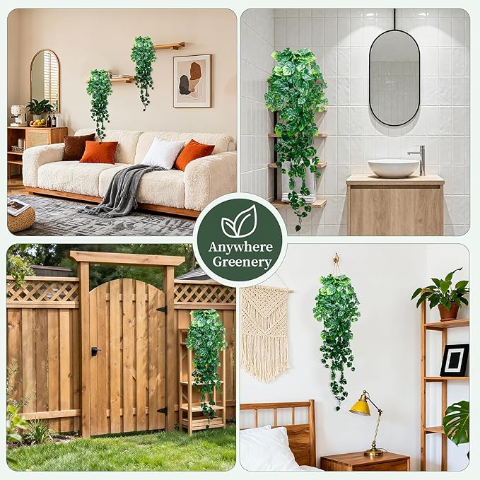 Artificial Hanging Plants for Shelf, 2-Pack Fake Potted Greenery Faux Monstera Leaves Vines in Black Pot, Décor for Office Living Room Bathroom Indoor Outdoor