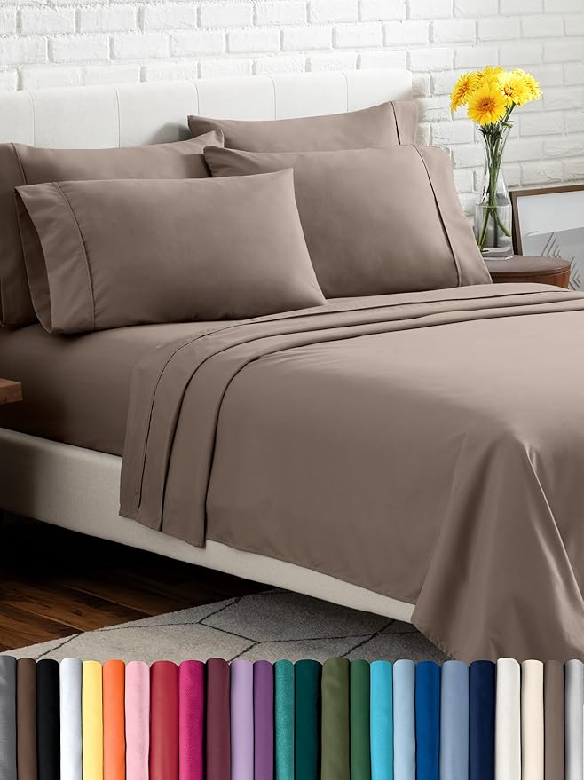 Bare Home Hotel Luxury Full Sheet Set, Extra Soft - 6 Piece Set - Deep Pockets - Easy Fit - Cooling & Breathable - Wrinkle, Fade, Stain Resistant - Includes 4 Pillowcases (Full, Taupe)