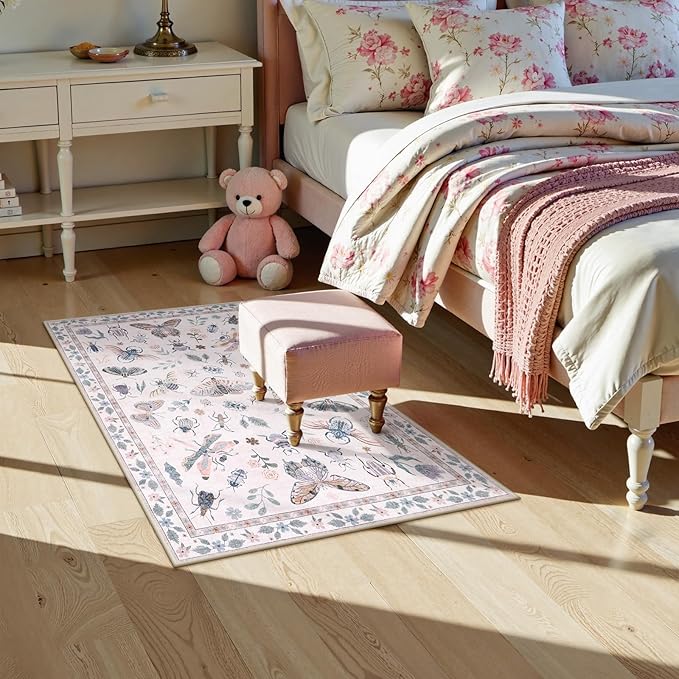 Lahome Insect Washable Rug, 2x3 Kitchen Rugs for Entryway Bathroom, Soft Door Mat Indoor Entrance Ultra-Thin, Small Non-Slip Throw Carpet for Bedroom Entry, Pink
