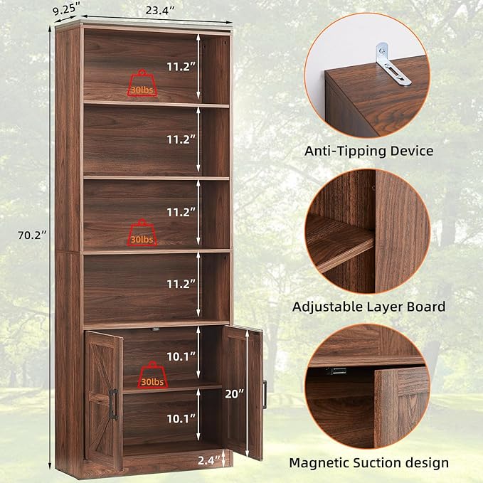 RWYHG 70in Tall Bookshelf 6 Tier Bookcase with Barn Doors and Adjustable Shelf, Brown Farmhouse Book Shelves with Storage Cabinet,Wood Floor Standing Display Bookshelve for Bedroom,Living Room,Kitchen
