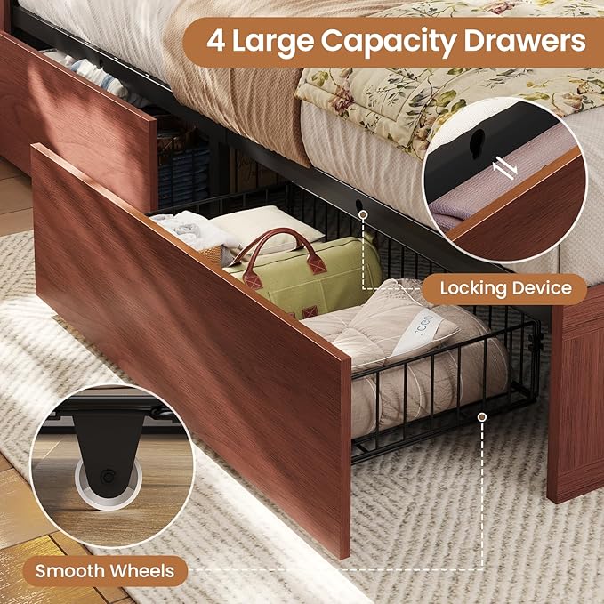 VIAGDO Farmhouse Bed Frame King Size with Bookcase Storage Headboard, Charging Station and LED Lights, Wooden King Bed Frame with 4 Drawers, Barn Door Design, No Box Spring Needed, Reddish Brown