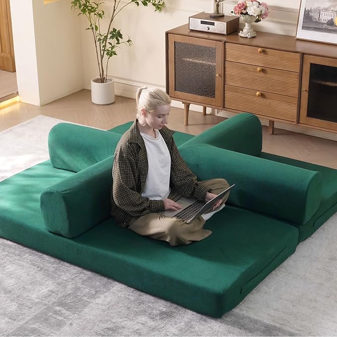 79'' Convertible Sleeper Sofa Bed, 3-in-1 Foldable Floor Couch with Corduroy Upholstery, No Assembly Loveseat, Light Brown Lounge Mattress for Living Room, Studio, Guest Room (Light Green)
