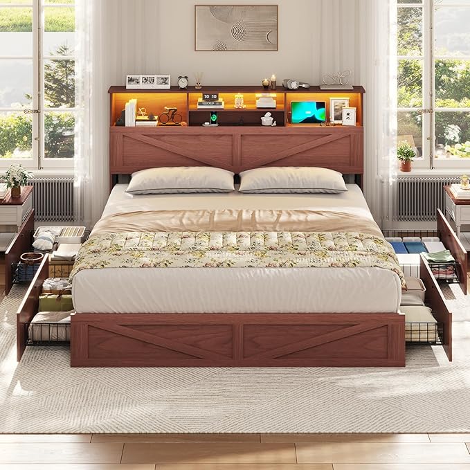 VIAGDO Farmhouse Bed Frame King Size with Bookcase Storage Headboard, Charging Station and LED Lights, Wooden King Bed Frame with 4 Drawers, Barn Door Design, No Box Spring Needed, Reddish Brown