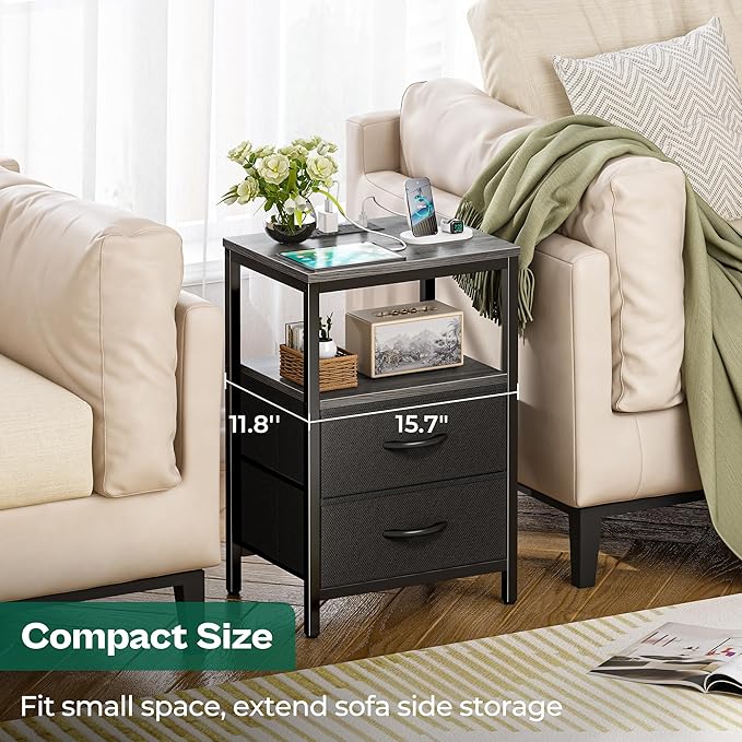 Huuger Nightstand with Charging Station, Side Table with Fabric Drawers, End Table with Open Shelf, Bedside Table with USB Ports and Outlets, Night Stand for Bedroom, Charcoal Gray | with Open Shelf, for Bedroom