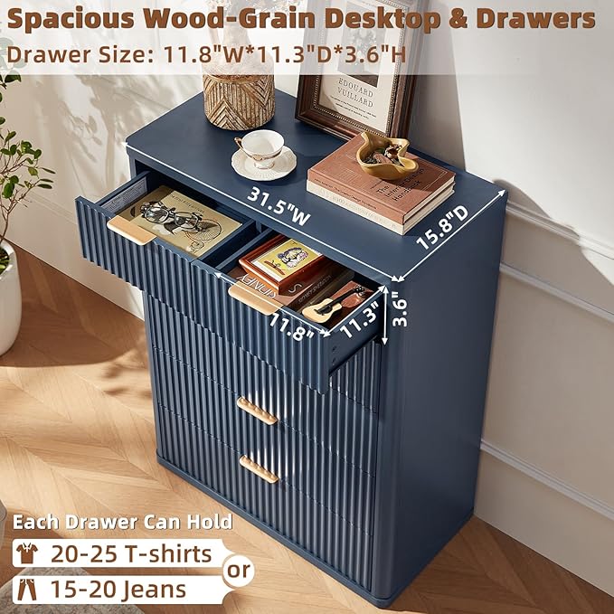 LEYAOYAO 42" Tall Fluted Dresser and 3 Drawers 23" Nightstand Set of 2, Wooden Dresser & Night Stand with Charging Station, 3 Piece Bedroom Furniture Set, Chest of Drawer for Living Room,Navy Blue
