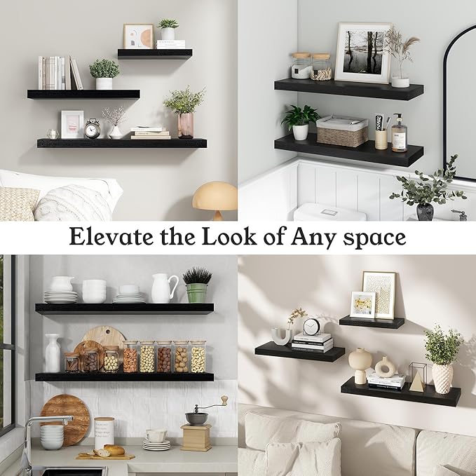 Floating Shelves for Wall, 9.3" Deep Wall Mounted Wood Shelves for Bathroom, Bedroom, Living Room, Kitchen, Hanging Shelf for Books/Storage/Room Decor (Black, 30")