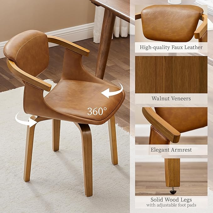 Art Leon Mid Century Modern Chair - Home Office Desk Chair Without Wheels, Faux Leather Comfy Swivel Accent Armless Chair for Living Room Bedroom Study, Retro Brown