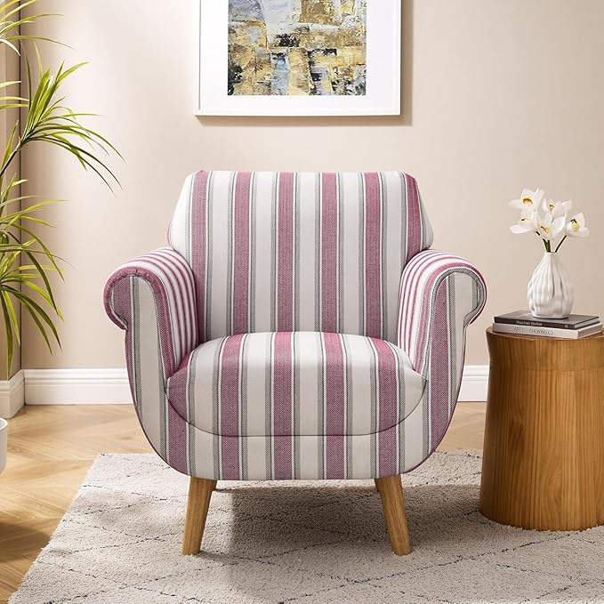VANOMi Mid-Century Accent Chair with Stripe Pattern, Modern Linen Fabric Armchair with Wood Legs, Club Chair for Living Room, Comfy Upholstered Side Chairs for Bedroom, Reading, Small Place (Red)