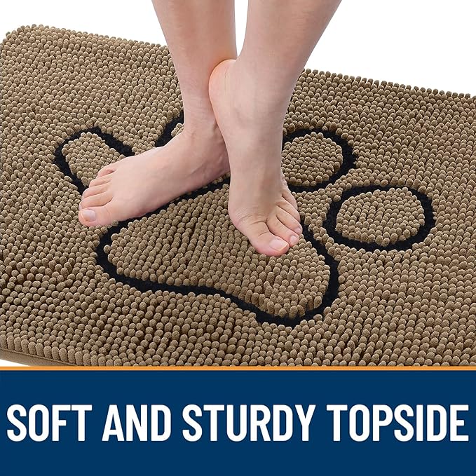 OLANLY Dog Door Mat for Muddy Paws 59x24, Paw Print Design, Absorbs Moisture and Dirt, Absorbent Non-Slip Washable Doormat, Quick Dry Chenille Mud Mat for Dogs, Entry Indoor Entryway Carpet, Tan