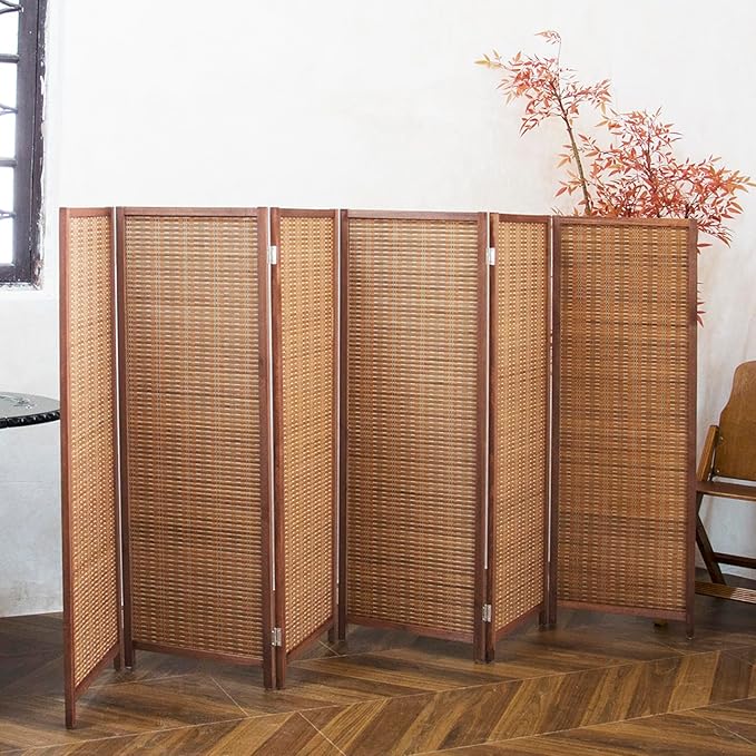 6 Panel Short Room Divider Screen,Brown Freestanding Partition,Small Bamboo Panel Divider for Room Seperation,3.95 FT Tall