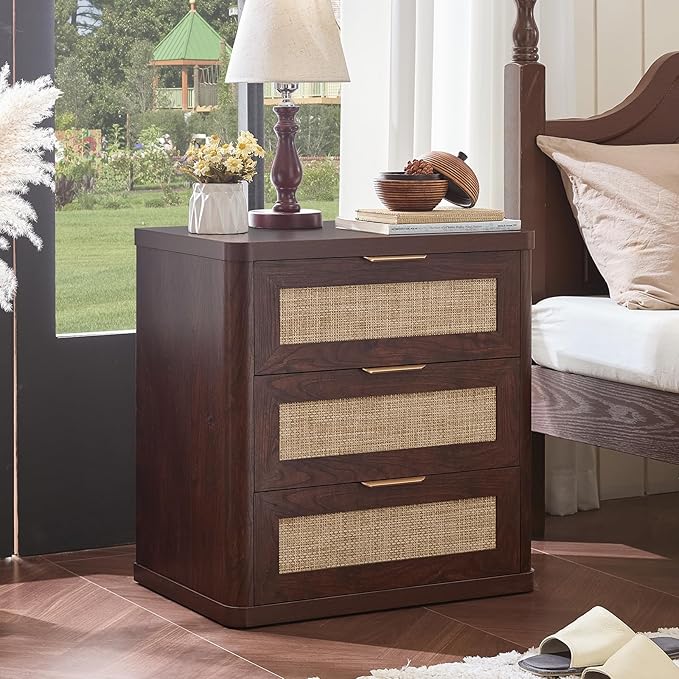 LEYAOYAO Rattan Night Stand with Drawers, 23" Large 3 Drawer Boho Nightstand, Walnut Bedside Table Storage Cabinet, Bed Side End Tables Dresser for Bedroom, Living Room, Hallway, Closet