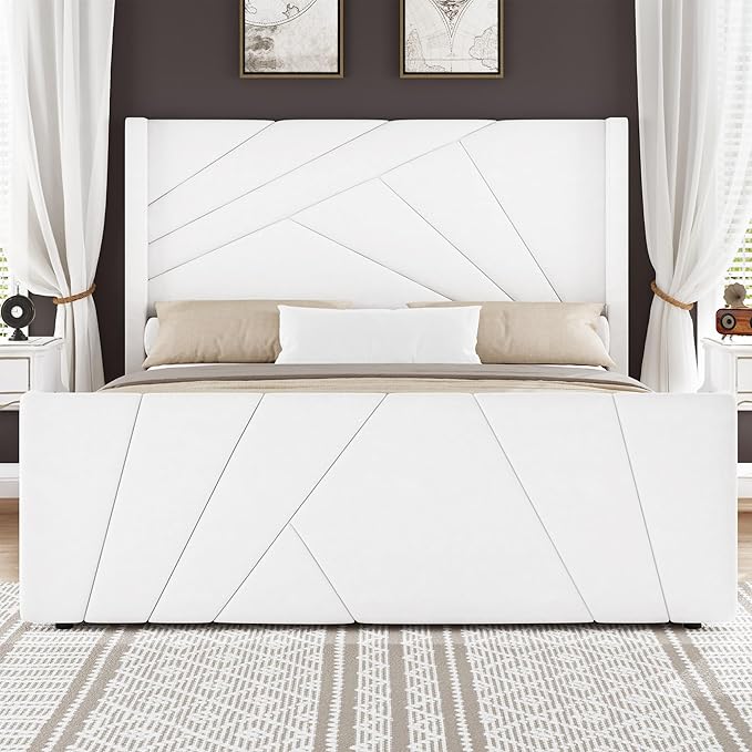 BarnFurin Full Size Bed Frame, Velvet Upholstered Platform Bed with Geometric Tufted Headboard & Footboard, Wingback Design, Mattress Foundation with Wooden Slats, Cream White