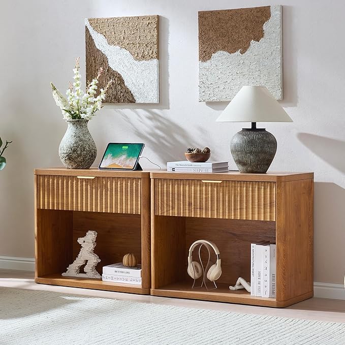 LEYAOYAO 31" Wide Fluted Nightstand with Charging Station, Oversized Extra Large 1 Drawer Night Stand with Golden Handle, Brown Wood Bedside Table Tall End Tables,for Bedroom, Living Room, Hallway