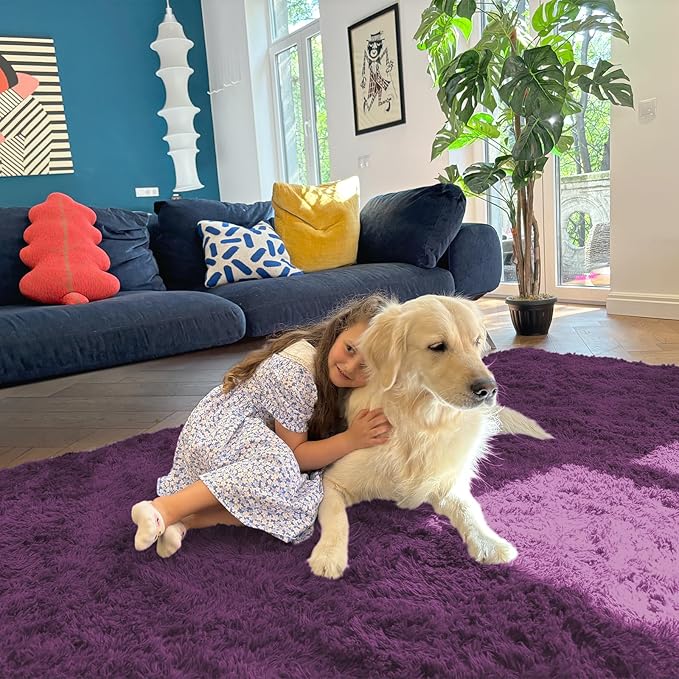 OLANLY 2x5 Machine Washable Runner Rugs for Hallway, Soft Fluffy Shaggy Bedside Rugs for Bedroom, Living Room, Indoor Floor Carpet for Kids Girls and Boys, Home Decor Aesthetic, Dark Purple
