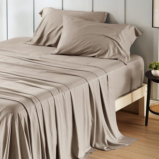 Bedsure King Size Sheets Set, Cooling Sheets for Hot Sleepers, Rayon Derived from Bamboo, Breathable & Soft, Deep Pocket Up to 16 Inches, Hotel Luxury Silky Bedding, Simply Taupe