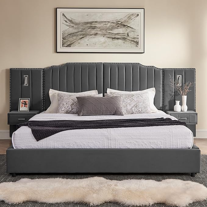 King Size Bed Frame with Storage, Luxury King Platform Bed Frame with Headboard, Velvet Fabric Upholstered Bedframe with LED Lights, Solid Frame & Bedside Table, No Box Spring Needed, Gray