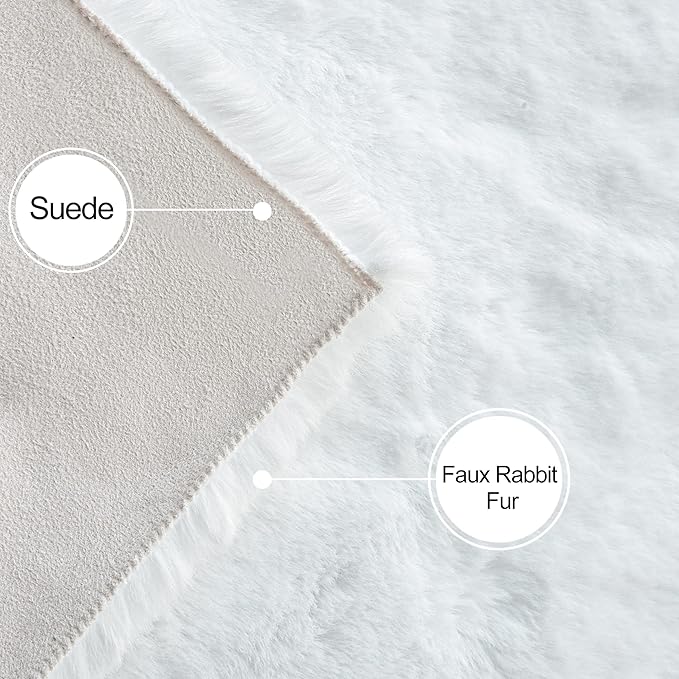 White Shag Round Rugs 8ft for Dining Room Table Faux Bunny Machine Washable Fur Area Rugs for Bedroom Living Room Nursery Circle Rug