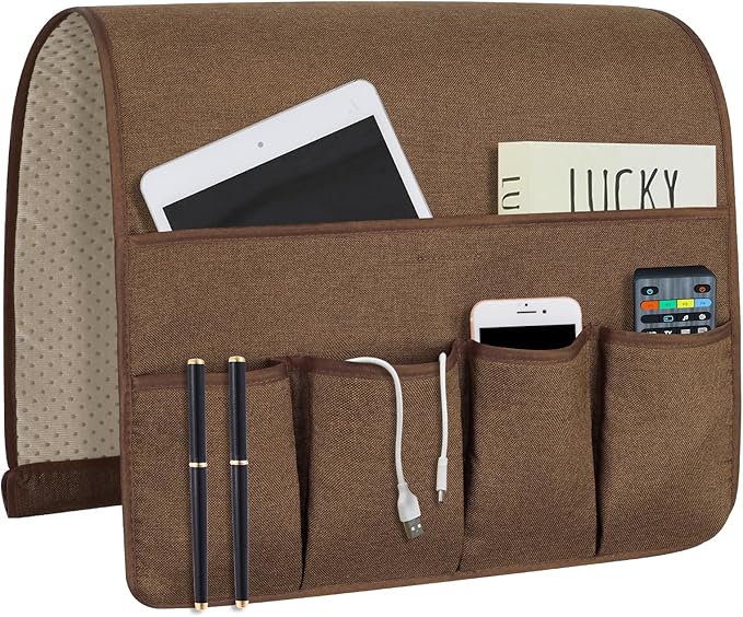 NB Sofa Armrest Organize remote holder bedside caddy organizer with 5 pockets，non-slip couch remote control holder couch armchair caddy accessories (Flaxen, 35''x18'')