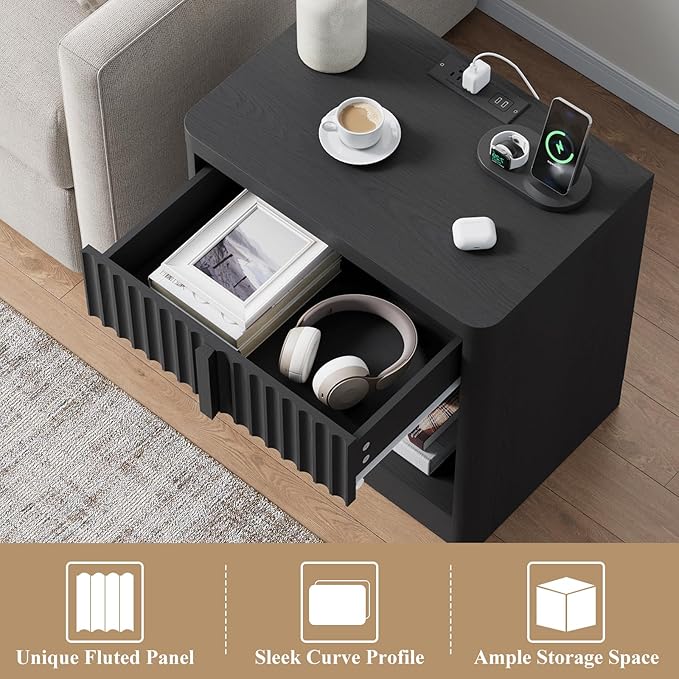 Fluted Nightstand with Charging Station, 23.6" End Table with Solid Wood Handle, Curved Profile Design, Mid Century Moden Bedside Table for Bedroom, Black